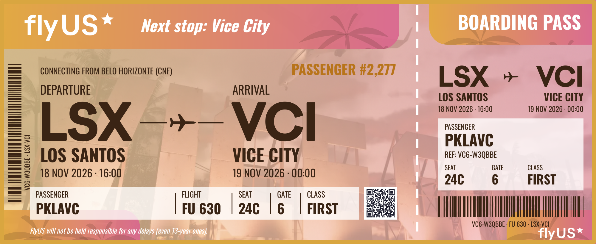 PkLavc's personalized FlyUS boarding pass from Los Santos to Vice City, passenger 2277, first class