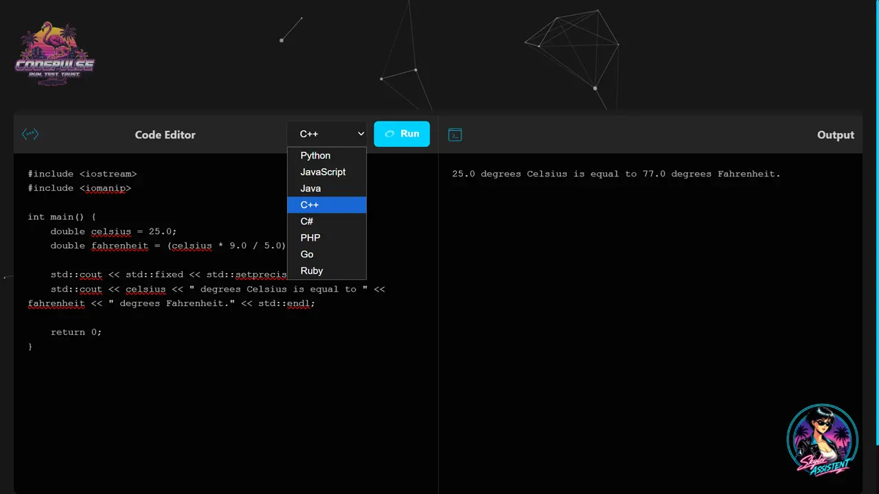 CodePulse interface IDE do compilador online mostrando o editor de código, controles de execução de linguagem e espaço de trabalho de saída